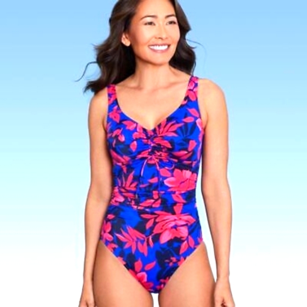AQUA GREEN FLORAL BLUE PINK BLACK RUCHED DRAWSTRING SWIMSUIT SIZE SMALL NWT